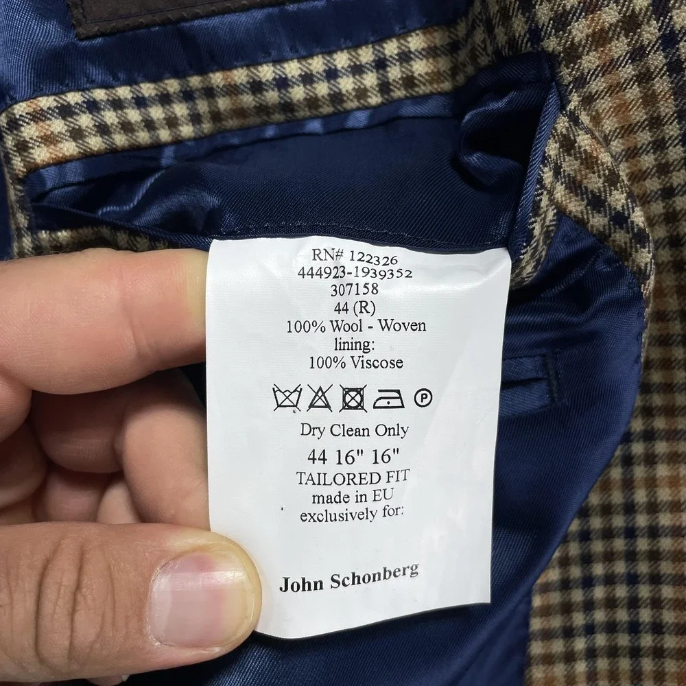 J. Hilburn Sport Coat Mens 44R Beige Check Wool Vitale Barberis Canonico Blazer